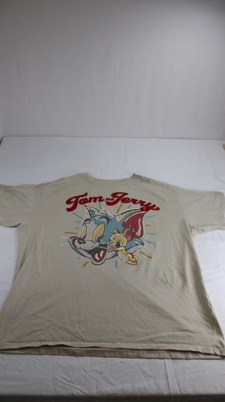 Tom and Jerry Mens 2XL Graphic T Shirt Freeze Cartoon Beige Short Sleeve Tee